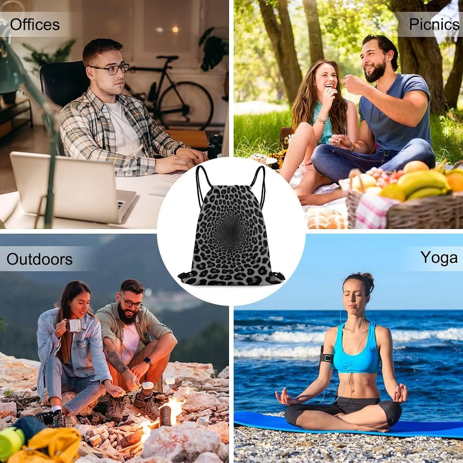 Women's Large Capacity Drawstring Bag, Novelty Waterproof Shopping Storage Pouch for Women, Dark Gray Black Leopard Cheetah Print Lightweight Sports Backpack for Yoga