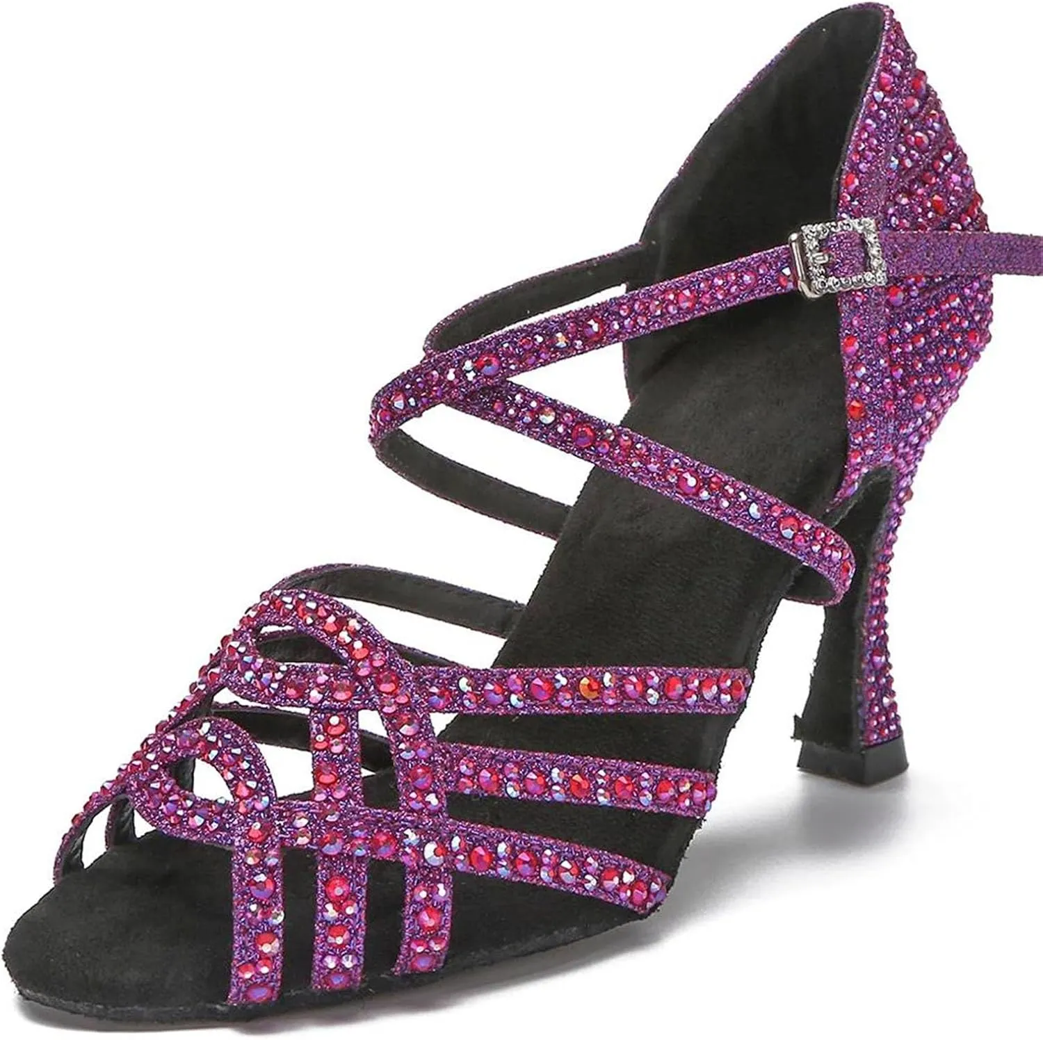 Women's Latin Dance Training Shoes - Tango Ballroom Rhinestone Purple/Black Wedding Sandals, 5CM/2Inch Heel Height