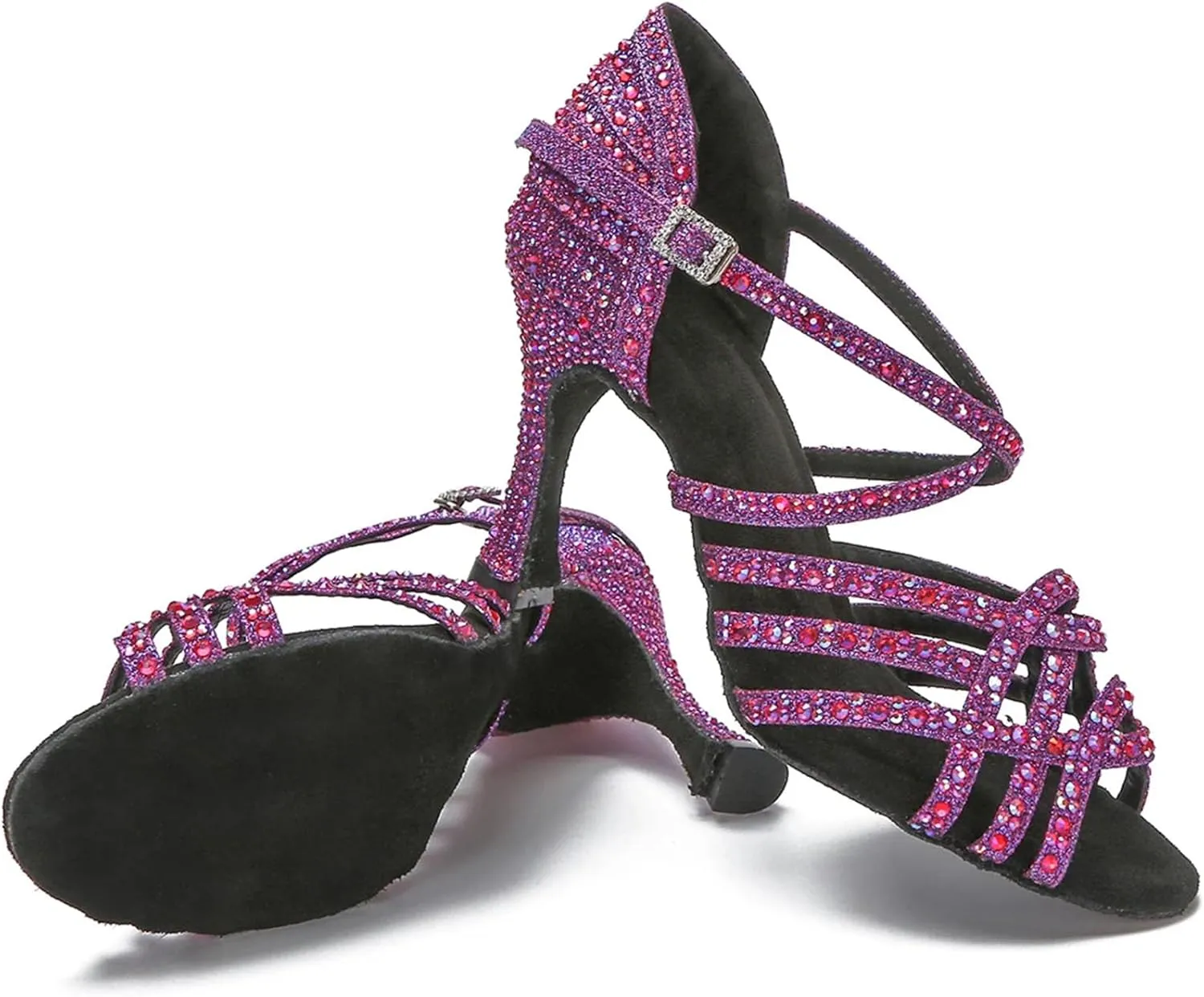 Women's Latin Dance Training Shoes - Tango Ballroom Rhinestone Purple/Black Wedding Sandals, 5CM/2Inch Heel Height