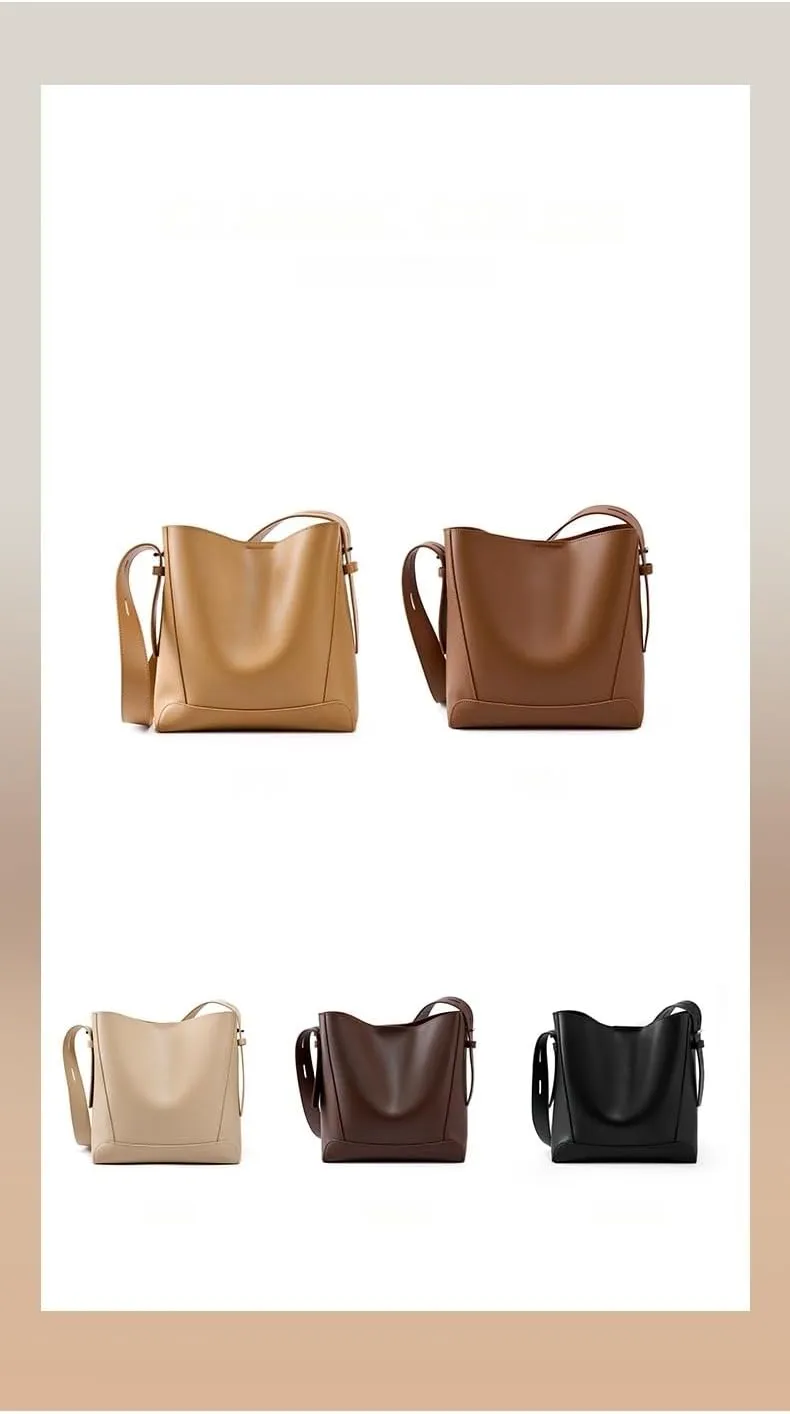 Women's Leather Shoulder Crossbody Bucket Bag, Large Capacity Cowhide Handbag