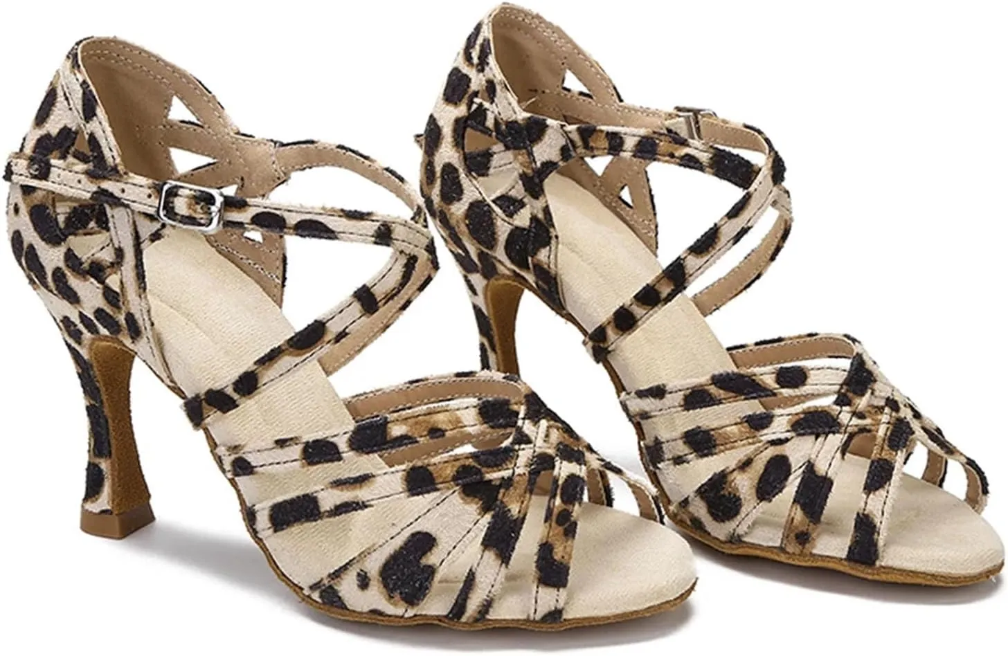 Women's Leopard Print Latin Dance Shoes - Soft Sole Silk Satin Fashion Sandals, 5CM/2Inch Heel Height