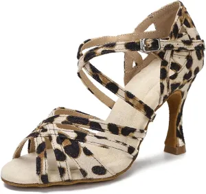 Women's Leopard Print Latin Dance Shoes - Soft Sole Silk Satin Fashion Sandals, 5CM/2Inch Heel Height