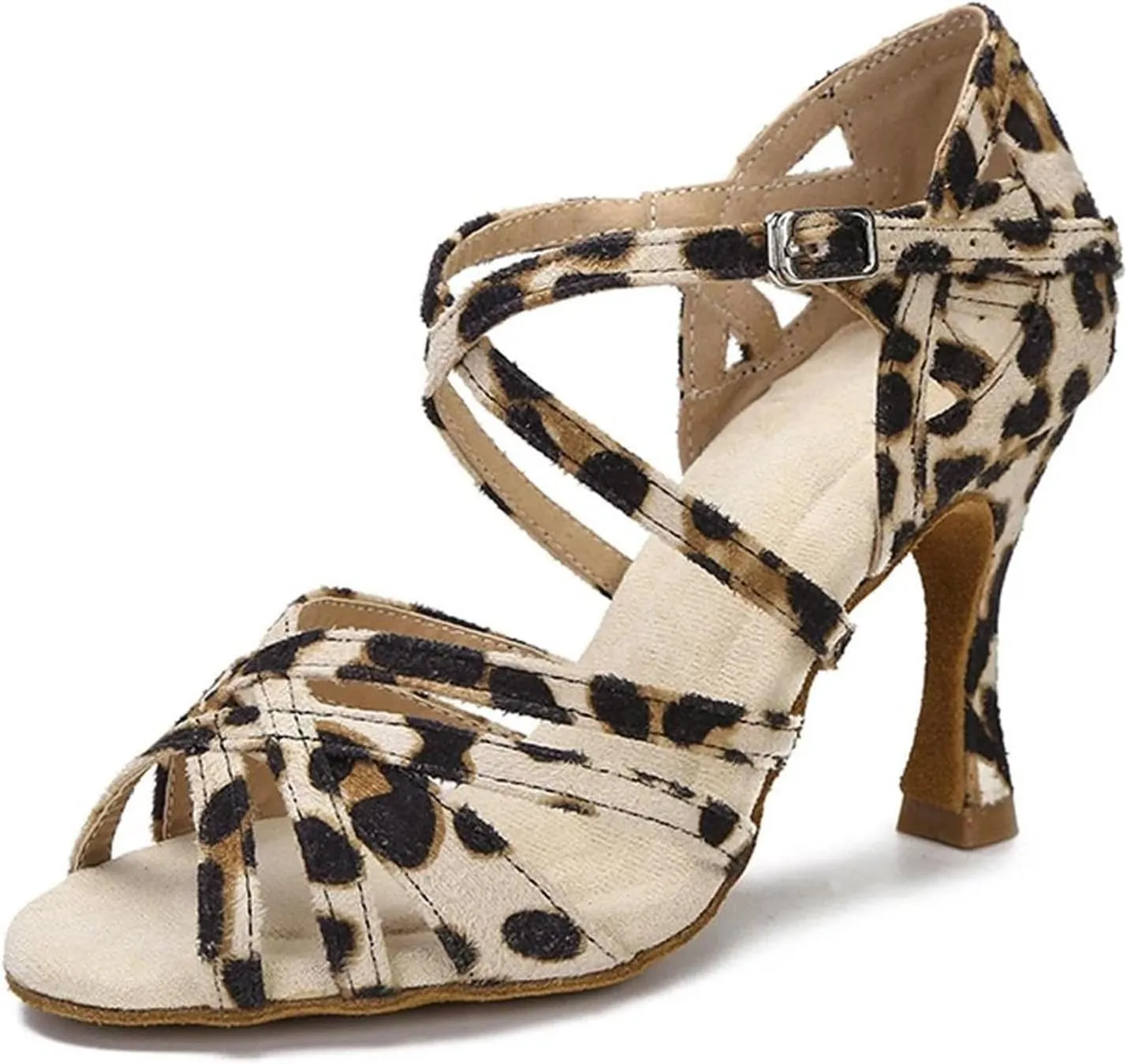 Women's Leopard Print Latin Dance Shoes - Soft Sole Silk Satin Fashion Sandals, 5CM/2Inch Heel Height