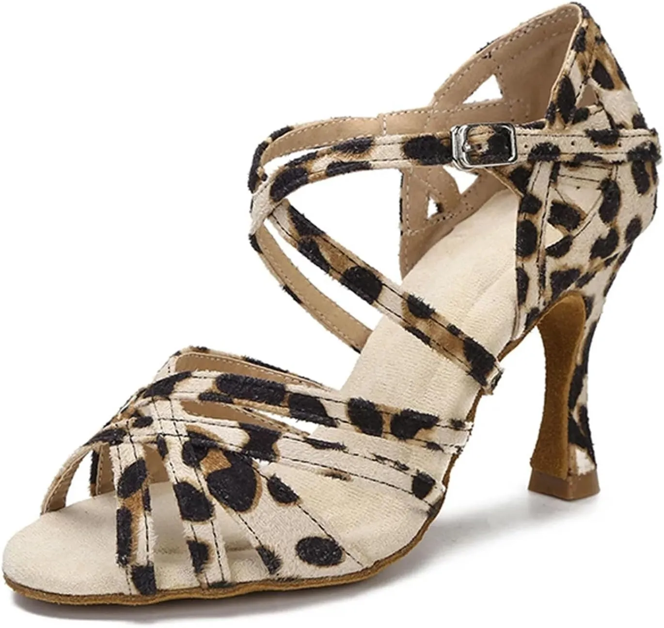 Women's Leopard Print Latin Dance Shoes - Soft Sole Silk Satin Fashion Sandals, 5CM/2Inch Heel Height