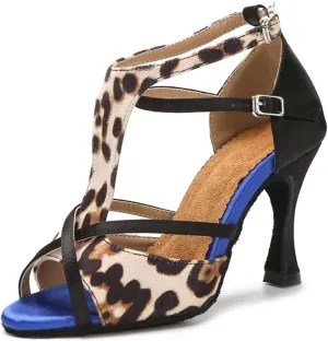 Women's Leopard Satin Latin Shoes - Tango Salsa Rumba Samba Professional Ballroom Sandals, 5CM/2Inch Heel Height