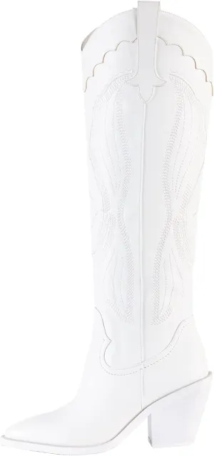Women's Modern Embroidered Western White Cowgirl Knee High Boots Pointed Toe Fashion Classic Pull On Cowboy Shoes
