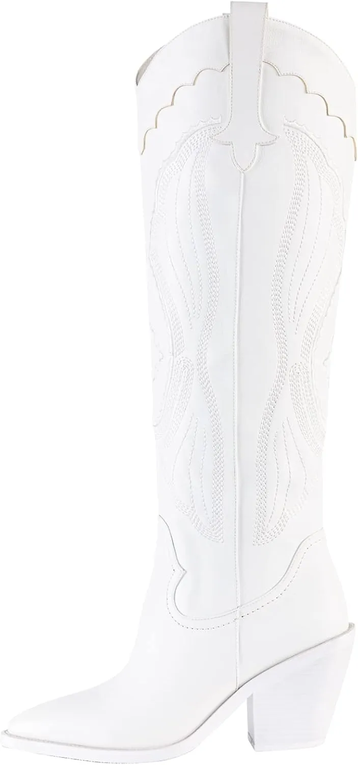 Women's Modern Embroidered Western White Cowgirl Knee High Boots Pointed Toe Fashion Classic Pull On Cowboy Shoes