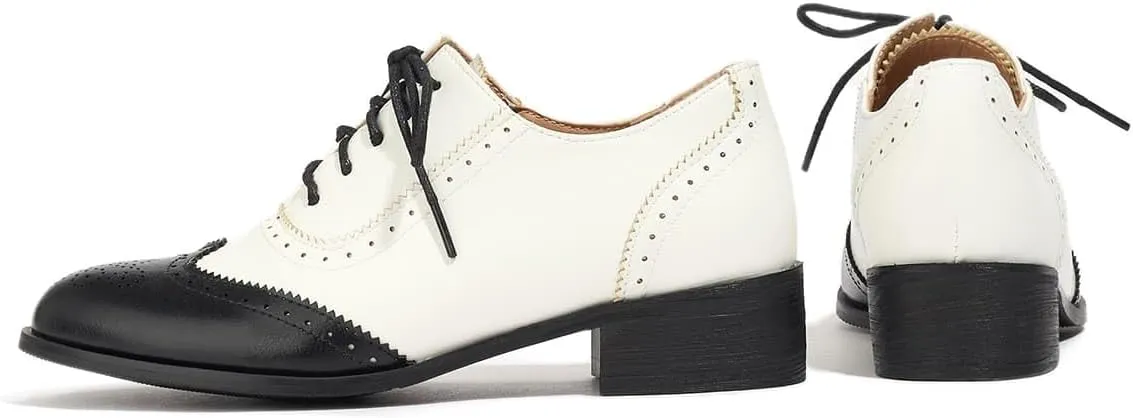 Women's Oxfords Black and White Wingtip Chunky Heeled Patent Leather Vintage Brogue Lace Up Two Tone Saddle Shoes