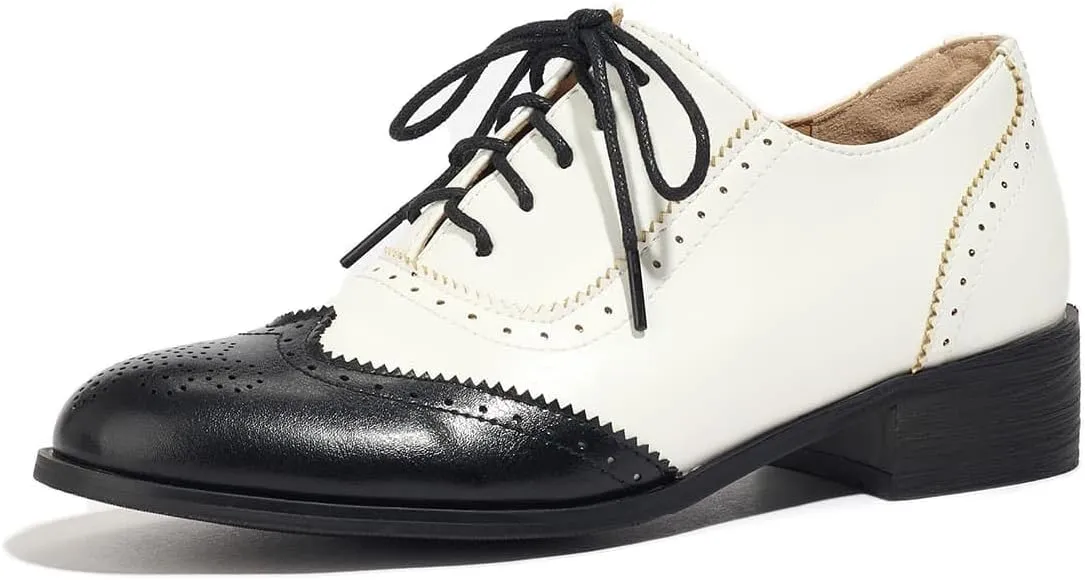 Women's Oxfords Black and White Wingtip Chunky Heeled Patent Leather Vintage Brogue Lace Up Two Tone Saddle Shoes