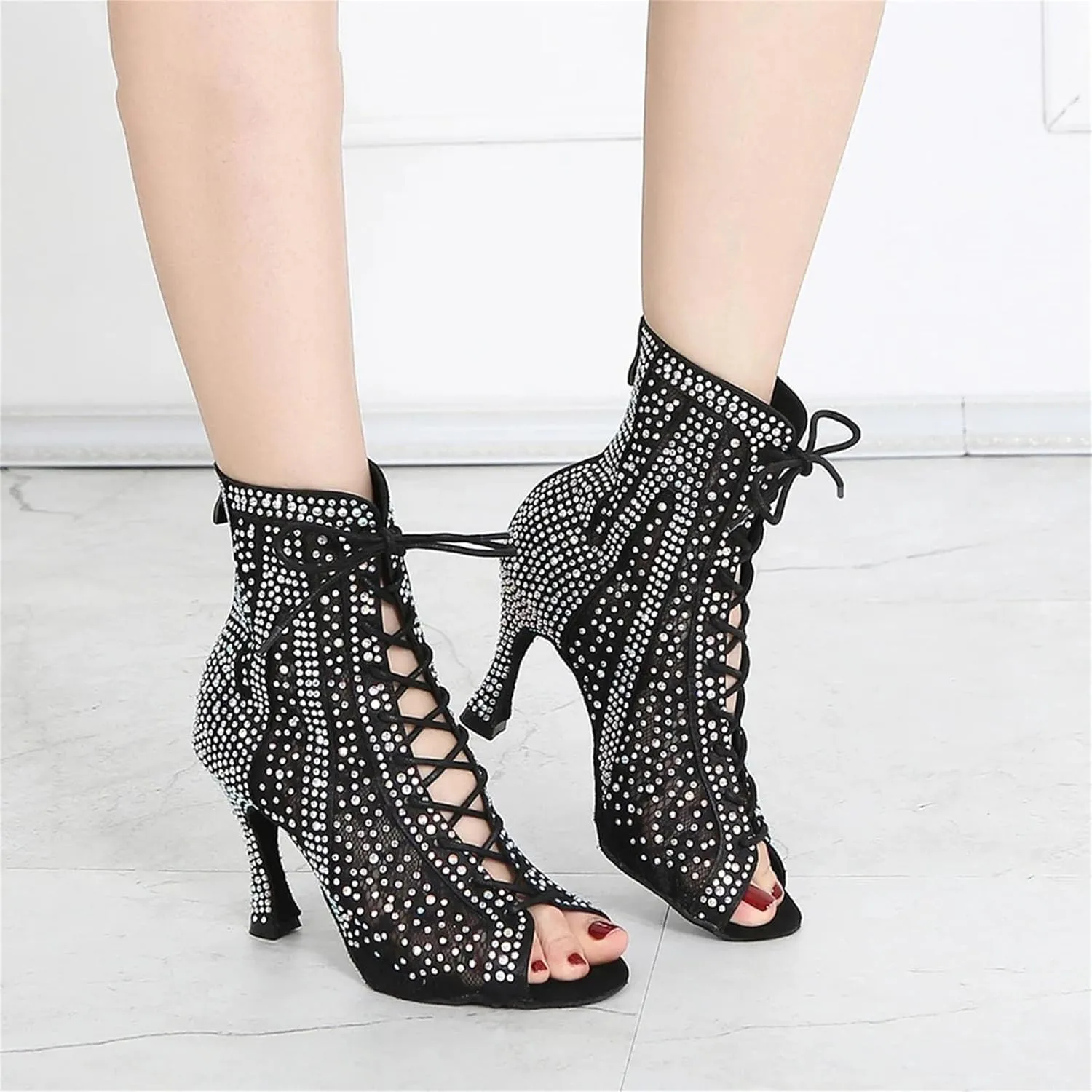Women's Salsa Tango Latin Dance Boots - Ballroom Mesh High Heels, 5CM/2Inch Heel Height