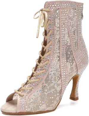 Women's Salsa Tango Latin Dance Boots - Ballroom Mesh High Heels, 5CM/2Inch Heel Height