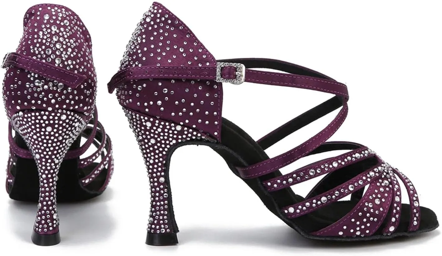 Women's Satin Rhinestone Dance Sandals - Soft Bottom Salsa Party Wedding Heels, 5CM/2Inch Heel Height