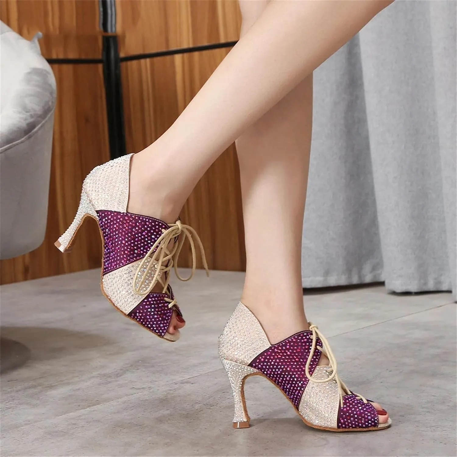 Women's Sexy Belly Dance Shoes - Pole Dance Soft Sole Rhinestone Heels, 5CM/2Inch Heel Height