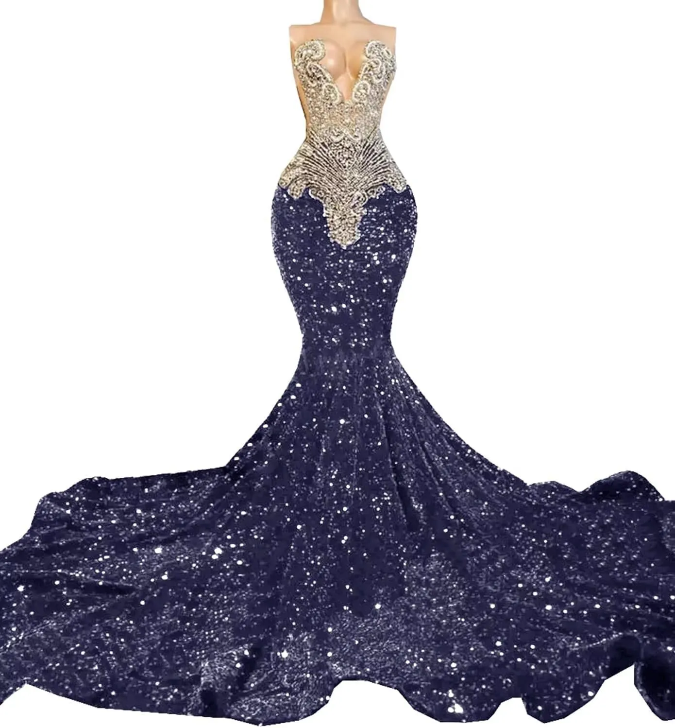 Women's Sleeveless Mermaid Sparkly Prom Evening Dress Beaded Sequin Pageant Celebrity Gala Party Celebrity Pageant Gown