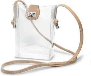 Women's Small Clear PVC Cross Body Bag Phone Bag with Vegan Leather Trim Transparent Turn-Lock Purse Stadium Approved