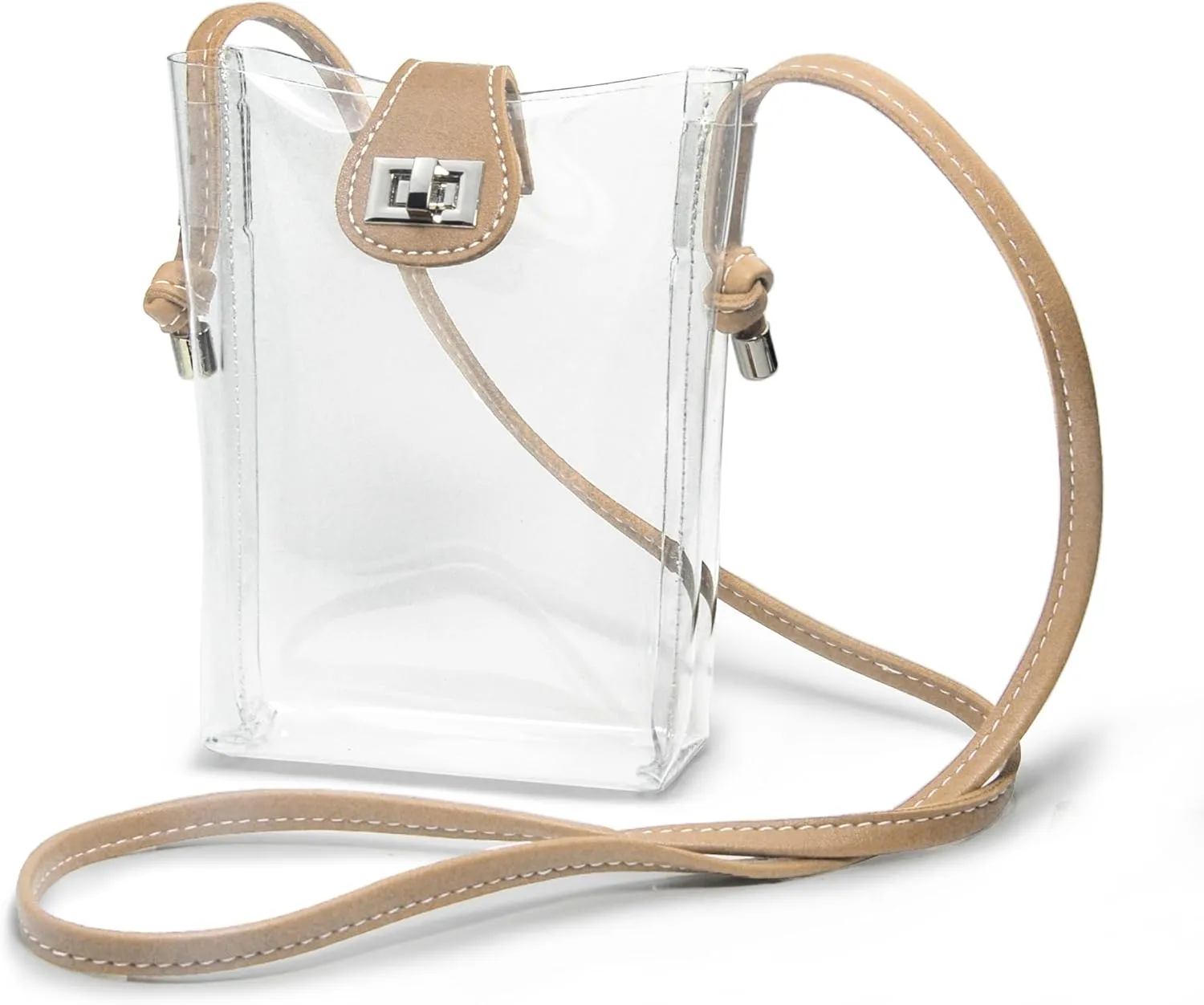 Women's Small Clear PVC Cross Body Bag Phone Bag with Vegan Leather Trim Transparent Turn-Lock Purse Stadium Approved
