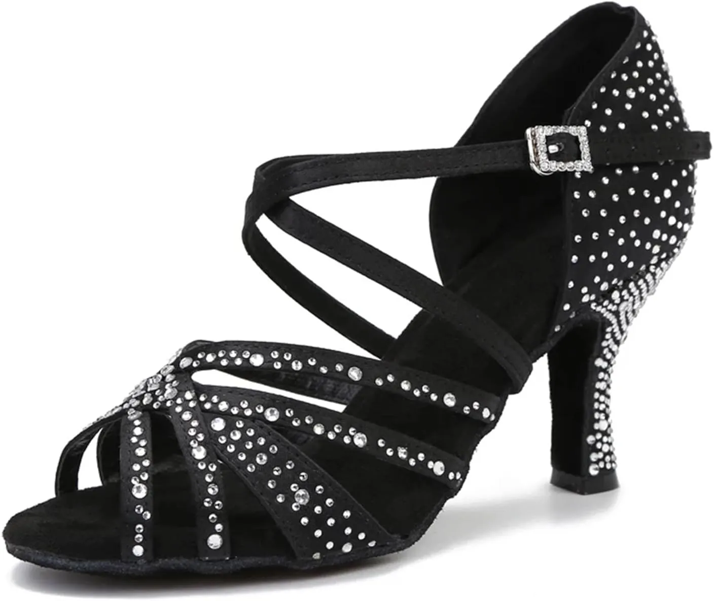 Women's Soft Bottom Dance Sandals - Rhinestone Satin Salsa Party Shoes, 5CM/2Inch Heel Height