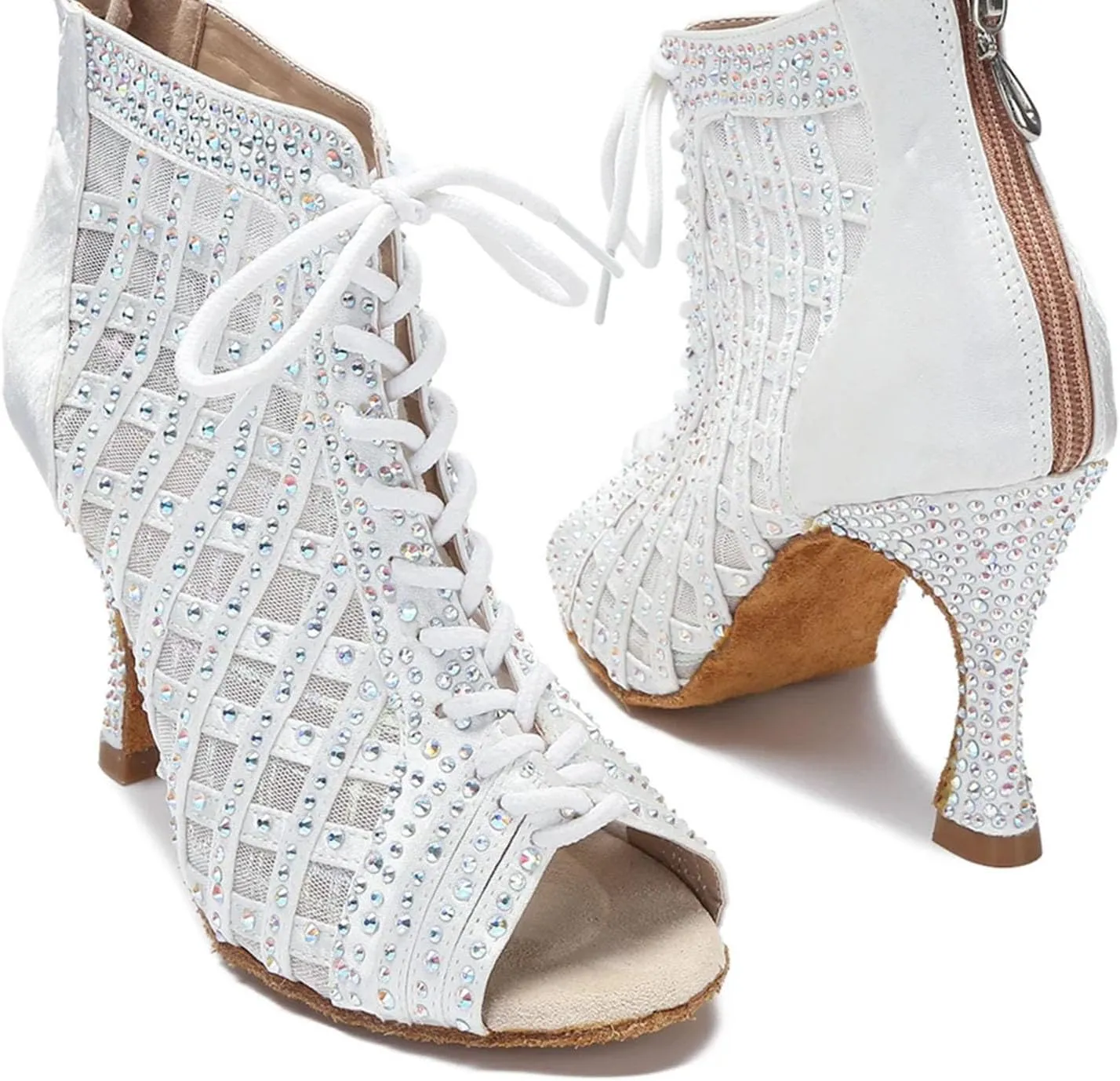 Women's White Latin Dance Boots - Samba Salsa Mesh Soft Sole Heels, 5CM/2Inch Heel Height