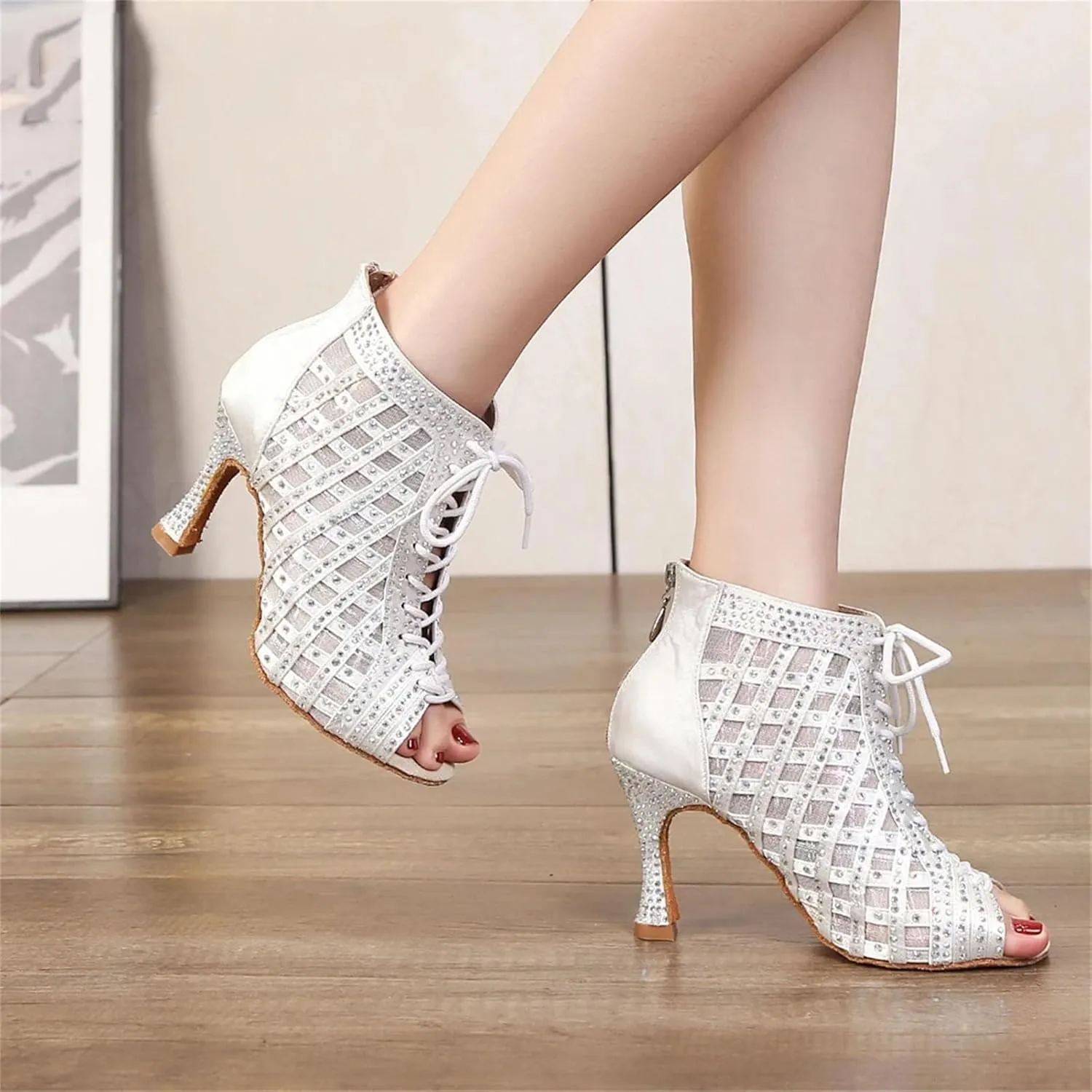 Women's White Latin Dance Boots - Samba Salsa Mesh Soft Sole Heels, 5CM/2Inch Heel Height