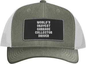 World's Okayest Garbage Collector Driver - Leather Black Patch Engraved Trucker Hat