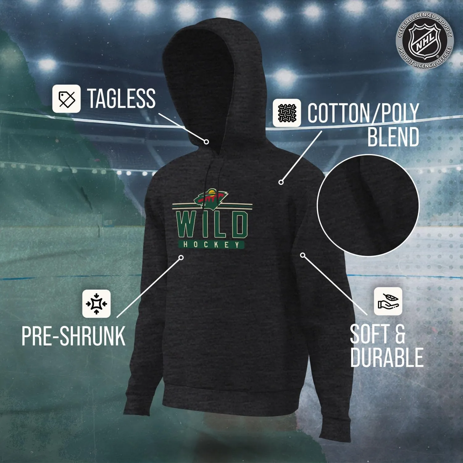 Wright & Ditson NHL Adult Heather Charcoal True Fan Hooded Sweatshirt Unisex - Unisex Cotton Poly Blend - Ultimate Comfort