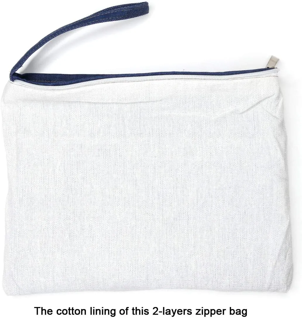 Wristlet Cotton Canvas Zipper Cosmetic Bag Makeup Bags Tool Organizer with Cotton Lining 20x28cm, 7.87"x11.02", Denim Blue