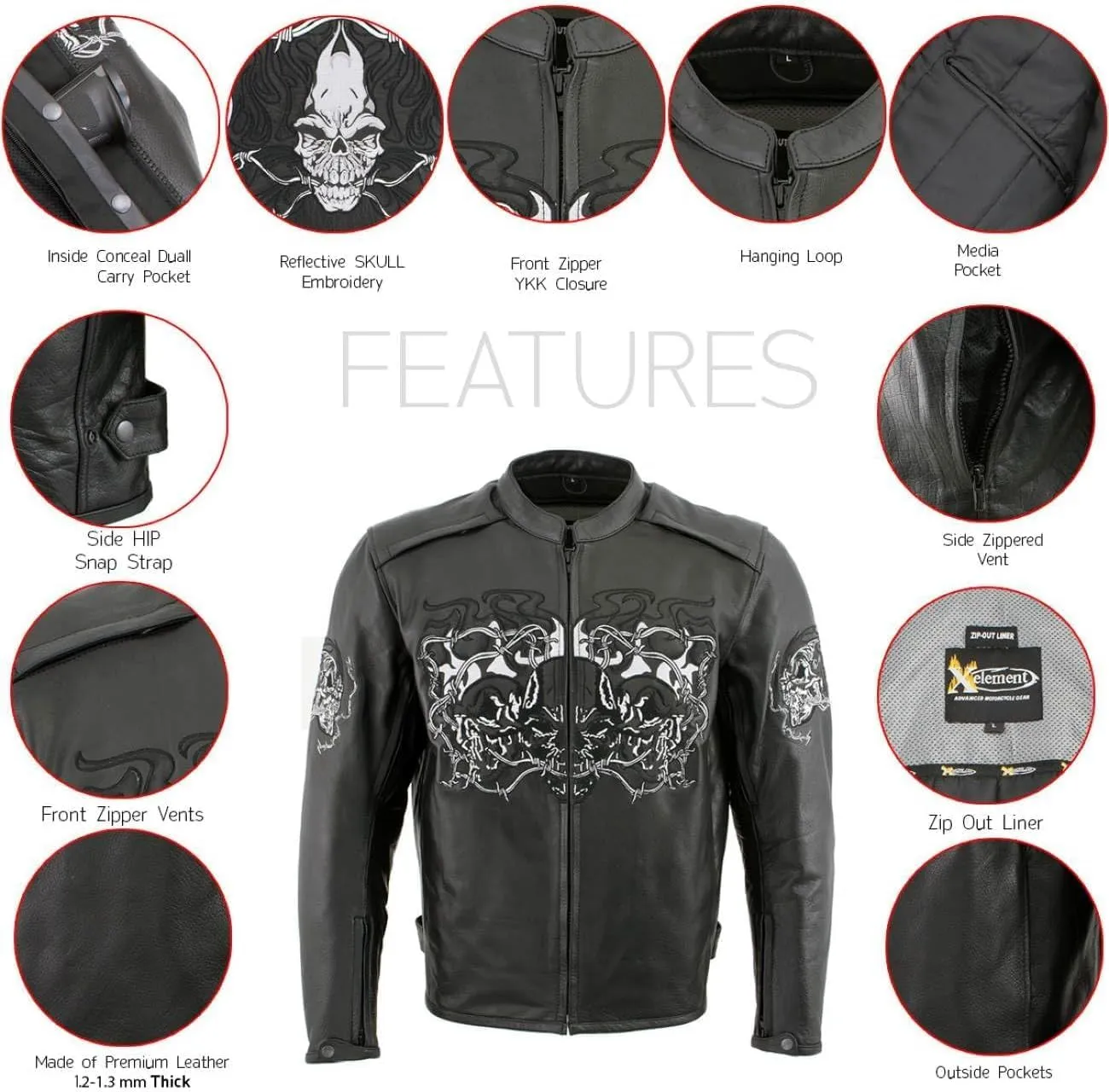 Xelement B95010 Men's 'Bones' Black Armored Street Bike Motorcycle Jacket with Reflective Skulls