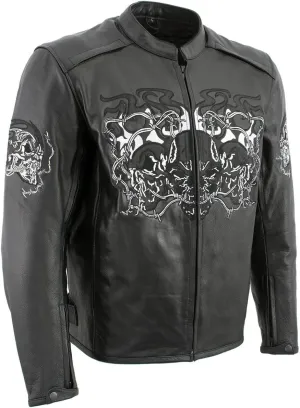 Xelement B95010 Men's 'Bones' Black Armored Street Bike Motorcycle Jacket with Reflective Skulls