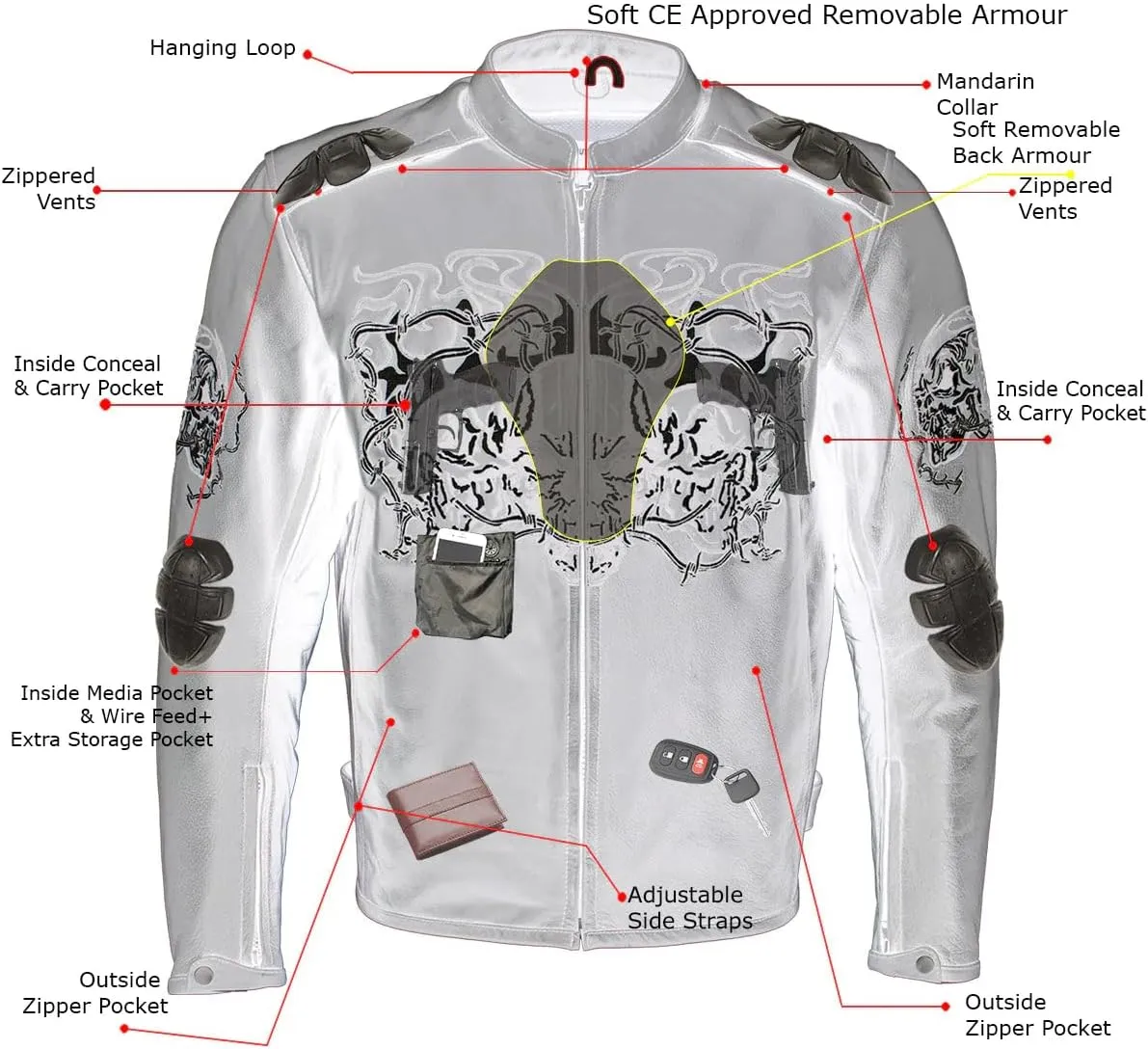 Xelement B95010 Men's 'Bones' Black Armored Street Bike Motorcycle Jacket with Reflective Skulls