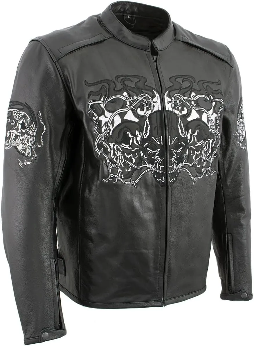 Xelement B95010 Men's 'Bones' Black Armored Street Bike Motorcycle Jacket with Reflective Skulls