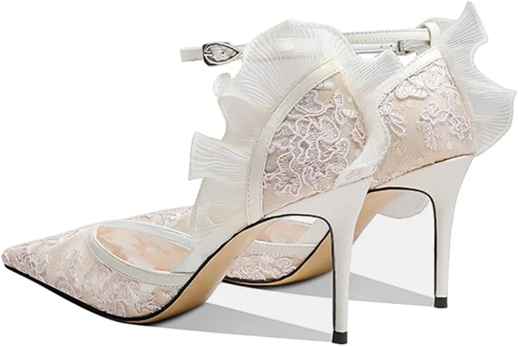 XYD Women Elegant Embroidered Prom Pumps D'Orsay Ankle Strap with Buckle Gauze Wings Pointed Toe High Heel Sandals Sexy Wedding Dressy Shoes