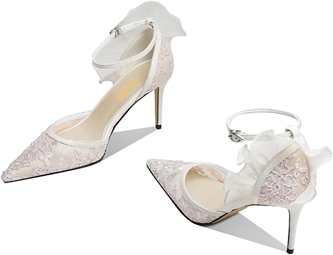 XYD Women Elegant Embroidered Prom Pumps D'Orsay Ankle Strap with Buckle Gauze Wings Pointed Toe High Heel Sandals Sexy Wedding Dressy Shoes