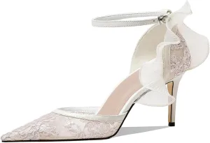 XYD Women Elegant Embroidered Prom Pumps D'Orsay Ankle Strap with Buckle Gauze Wings Pointed Toe High Heel Sandals Sexy Wedding Dressy Shoes