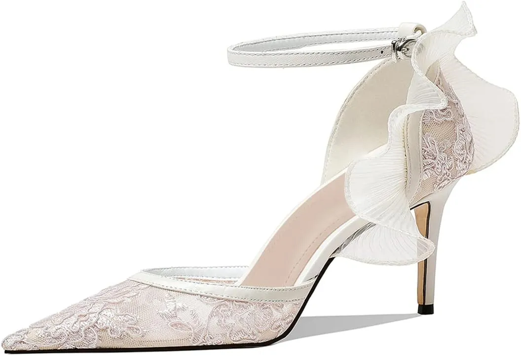 XYD Women Elegant Embroidered Prom Pumps D'Orsay Ankle Strap with Buckle Gauze Wings Pointed Toe High Heel Sandals Sexy Wedding Dressy Shoes