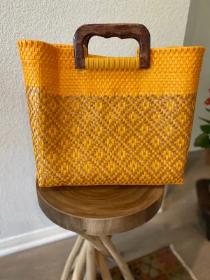 Yellow and Gold Wood-Handled Woven Tote