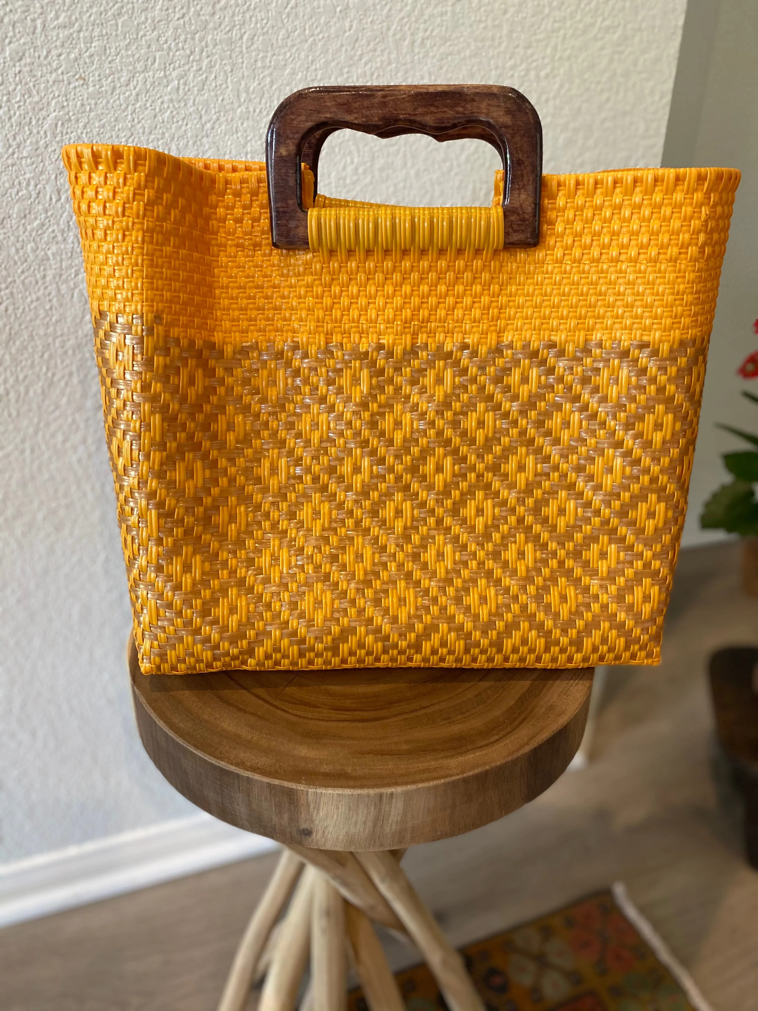 Yellow and Gold Wood-Handled Woven Tote