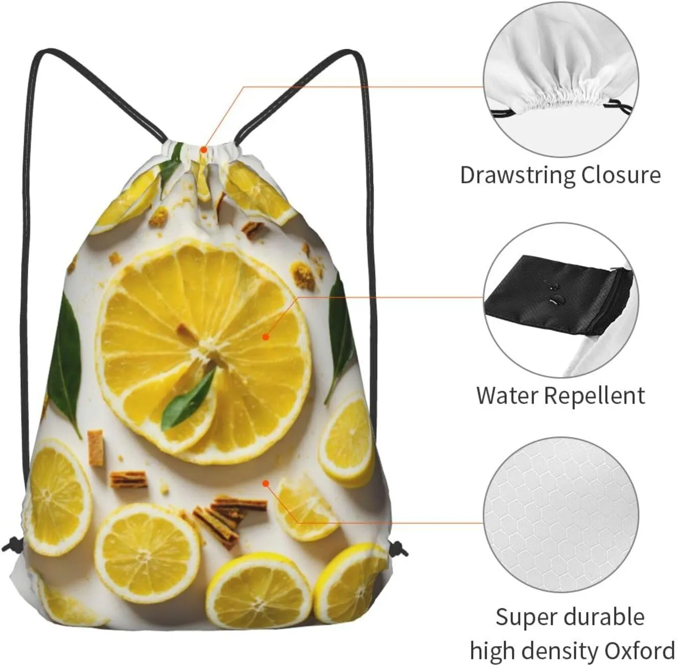 Yellow Lemon Drawstring Cinch Backpack Polyester Sack Pack String Bag For Hiking Camping Adventure