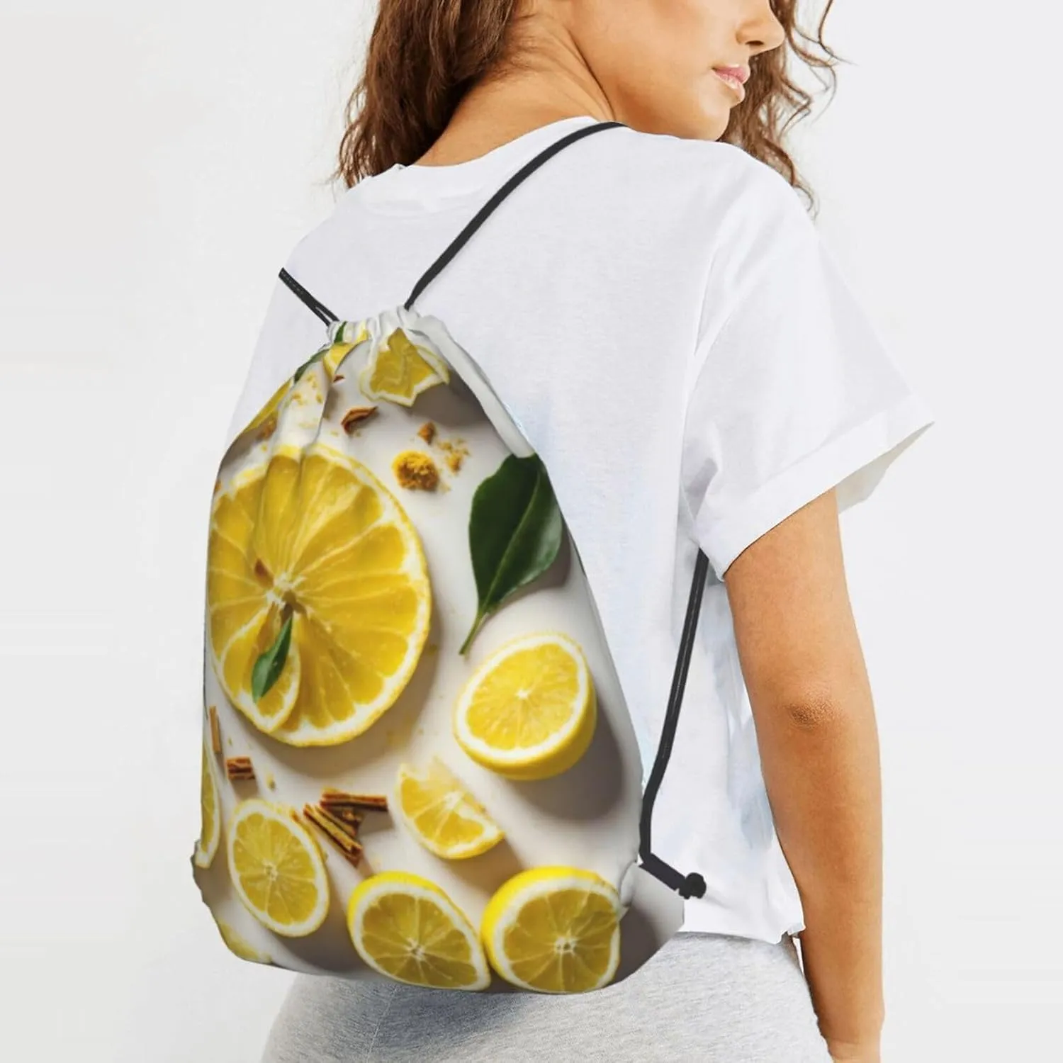 Yellow Lemon Drawstring Cinch Backpack Polyester Sack Pack String Bag For Hiking Camping Adventure