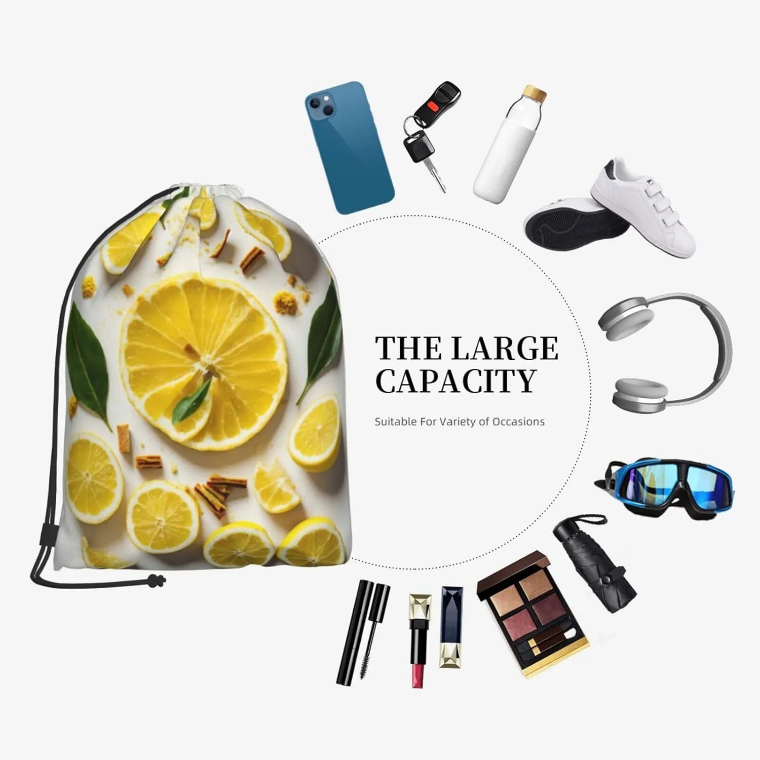 Yellow Lemon Drawstring Cinch Backpack Polyester Sack Pack String Bag For Hiking Camping Adventure