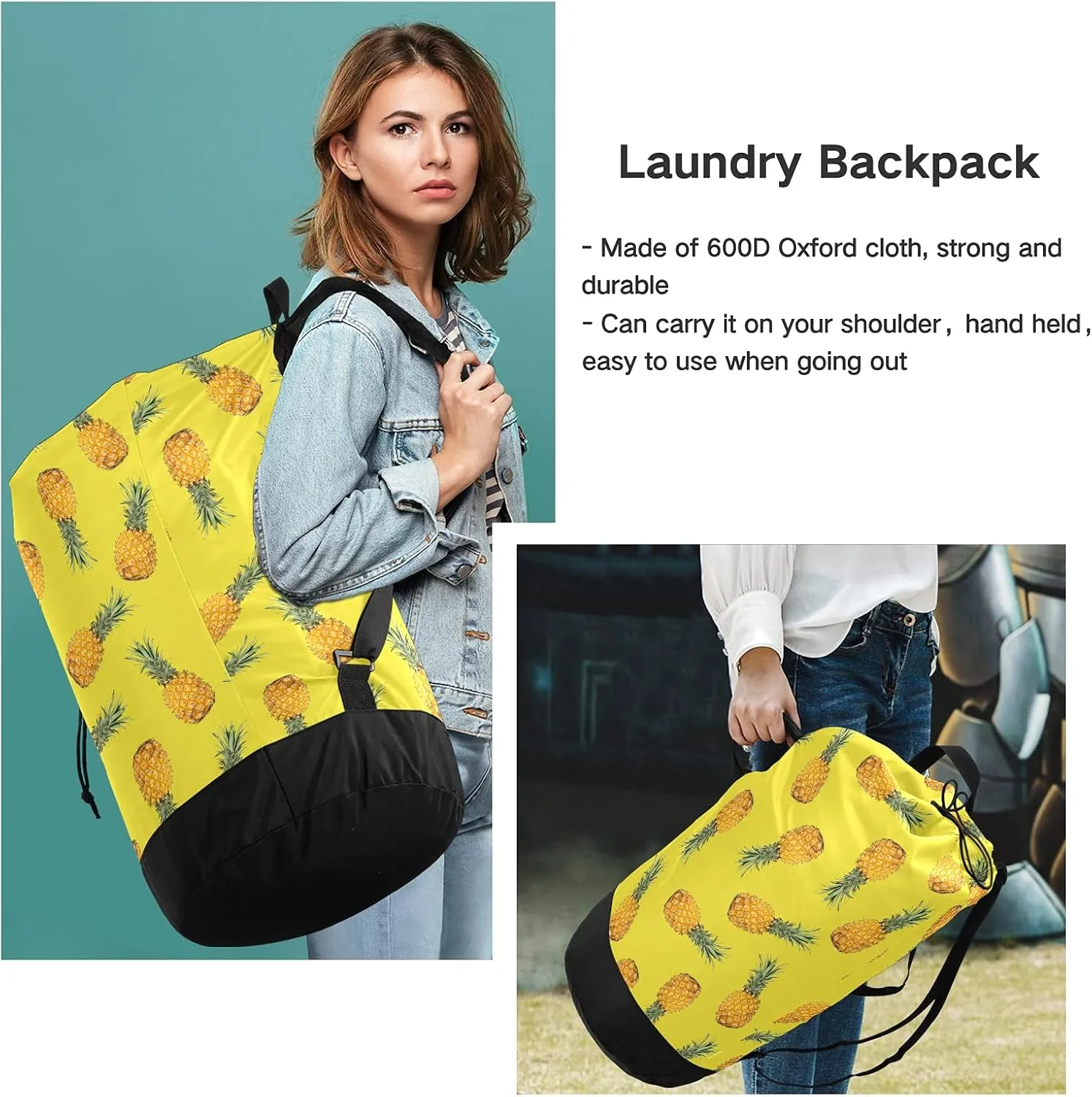 Yellow Pineapple Laundry Bag Large Heavy Duty Laundry Backpack with Shoulder Straps Waterproof Laundry bag for Traveling Camp Dirty Clothes Organizer for College Students
