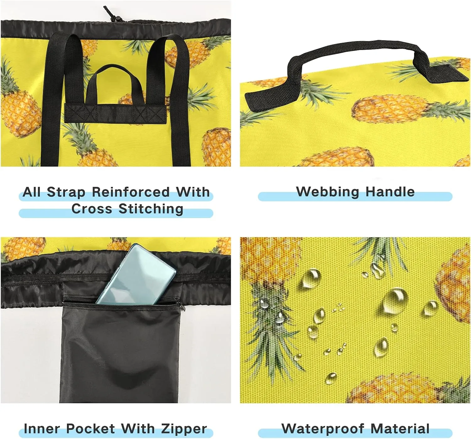 Yellow Pineapple Laundry Bag Large Heavy Duty Laundry Backpack with Shoulder Straps Waterproof Laundry bag for Traveling Camp Dirty Clothes Organizer for College Students