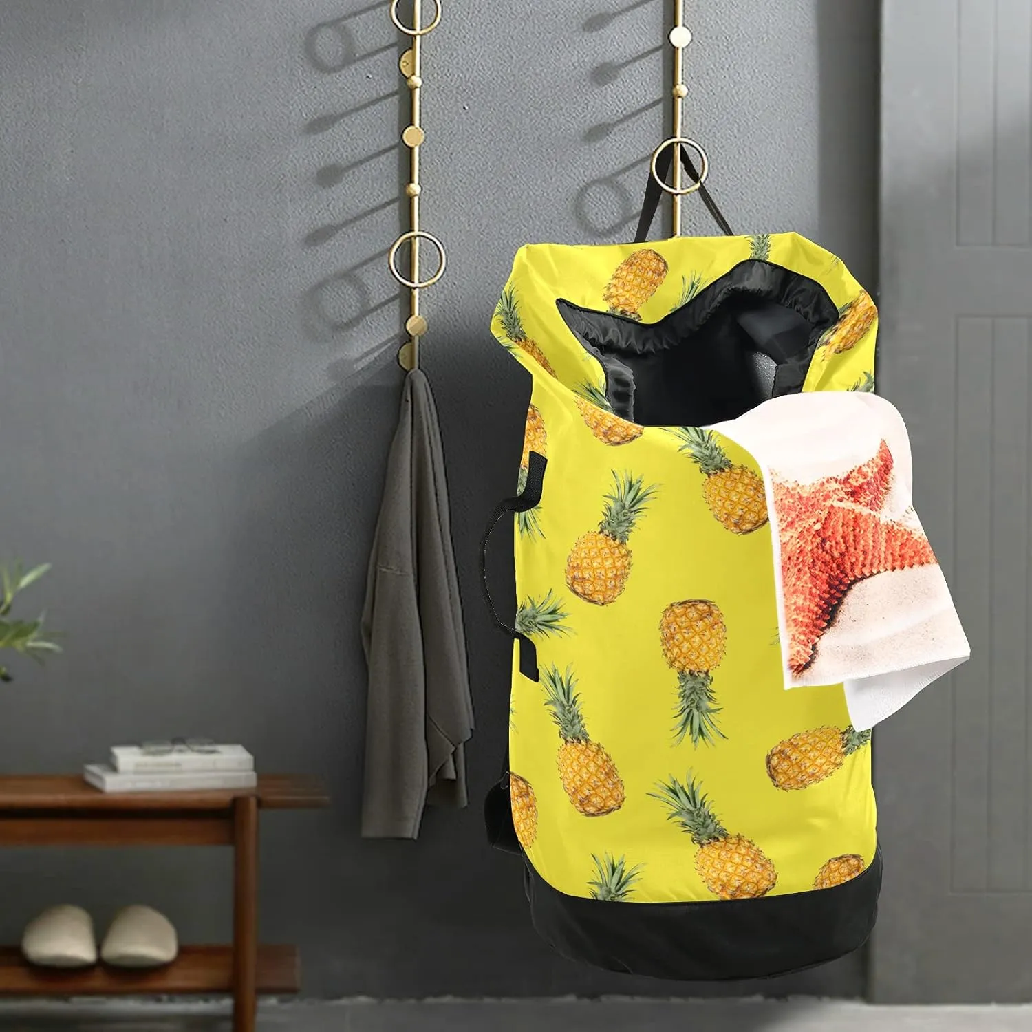 Yellow Pineapple Laundry Bag Large Heavy Duty Laundry Backpack with Shoulder Straps Waterproof Laundry bag for Traveling Camp Dirty Clothes Organizer for College Students