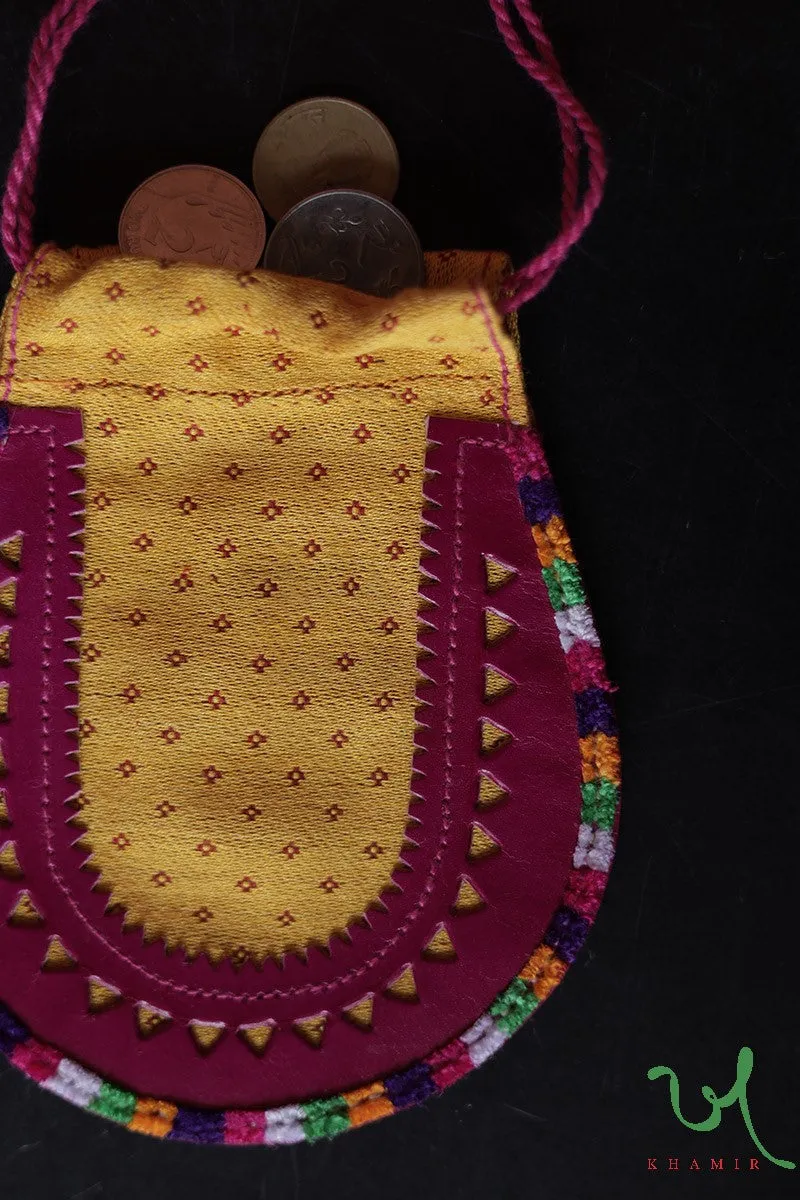 Yellow Traditional Mashru Drawstring Potli Coin Pouch