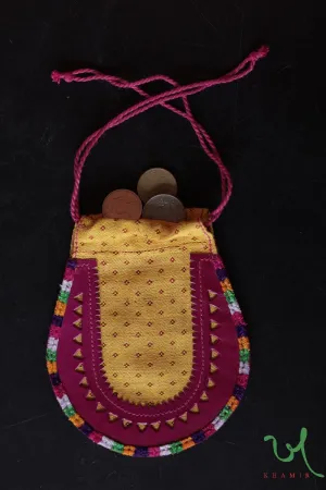 Yellow Traditional Mashru Drawstring Potli Coin Pouch