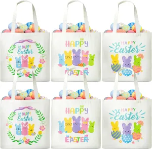 Zainpe 6Pcs Easter Gift Canvas Bags Egg Bunny Tote Treat Bags with Handle for Kids, Reusable Large Capacity Handbag Happy Easter Baskets Trick Handbags Spring Party Favor Supplies
