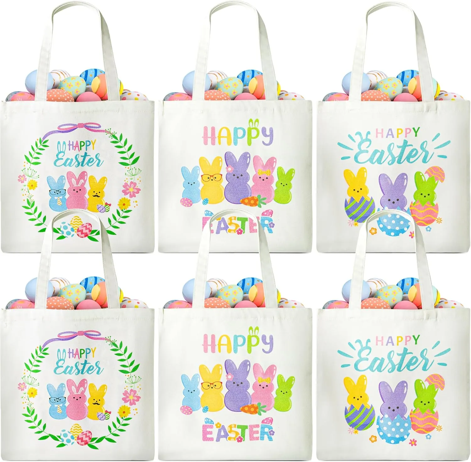 Zainpe 6Pcs Easter Gift Canvas Bags Egg Bunny Tote Treat Bags with Handle for Kids, Reusable Large Capacity Handbag Happy Easter Baskets Trick Handbags Spring Party Favor Supplies