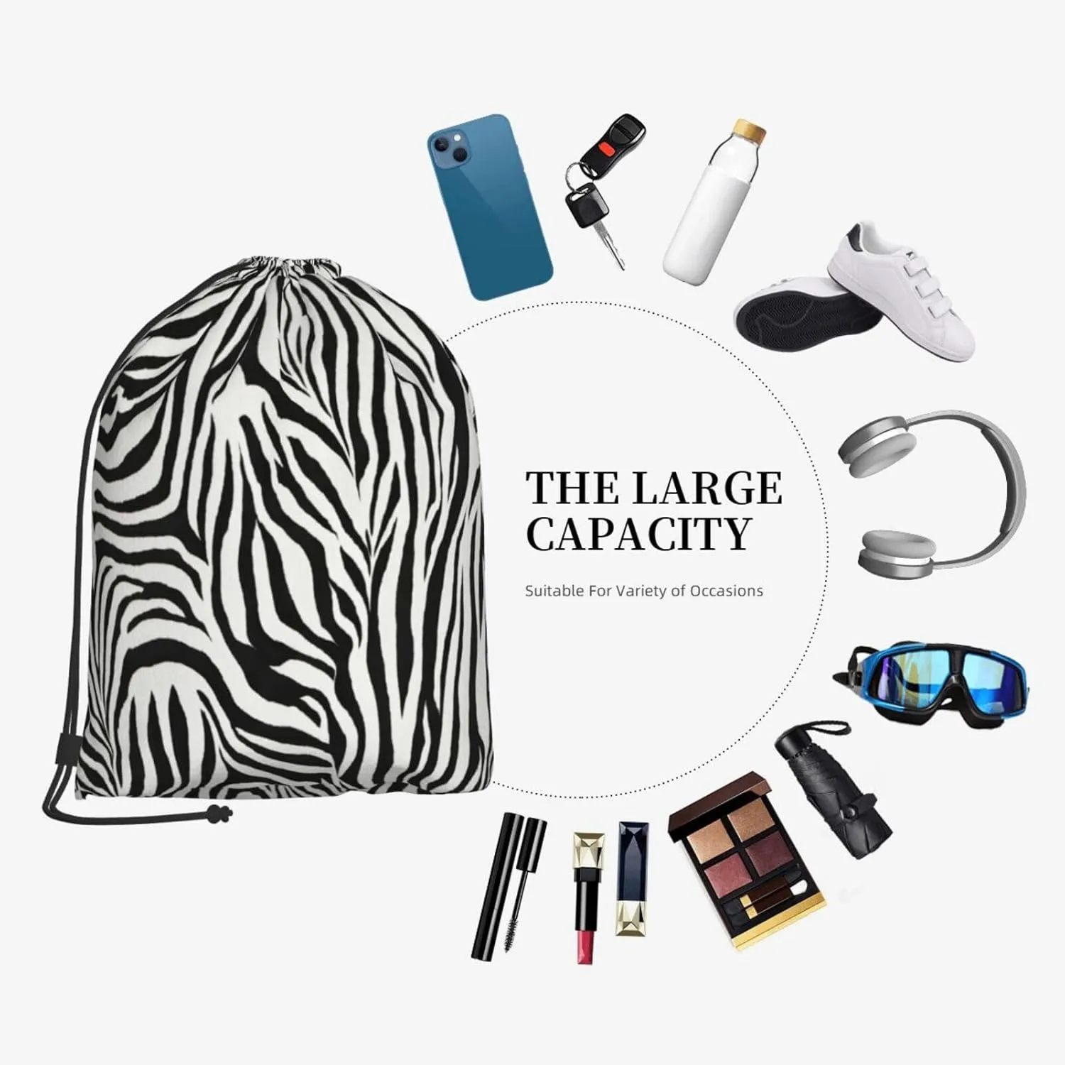 Zebra Print Drawstring Cinch Backpack Polyester Sack Pack String Bag For Hiking Camping Adventure