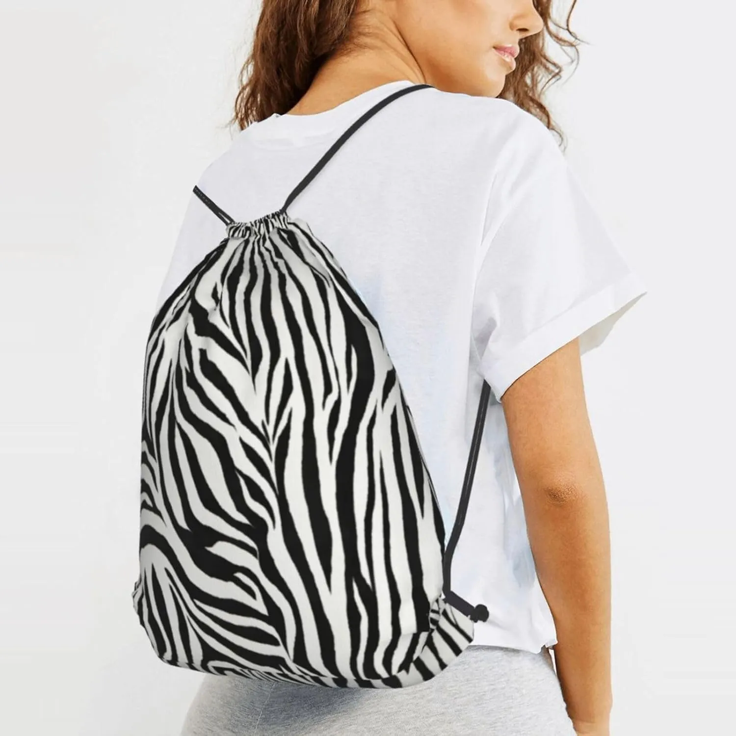Zebra Print Drawstring Cinch Backpack Polyester Sack Pack String Bag For Hiking Camping Adventure