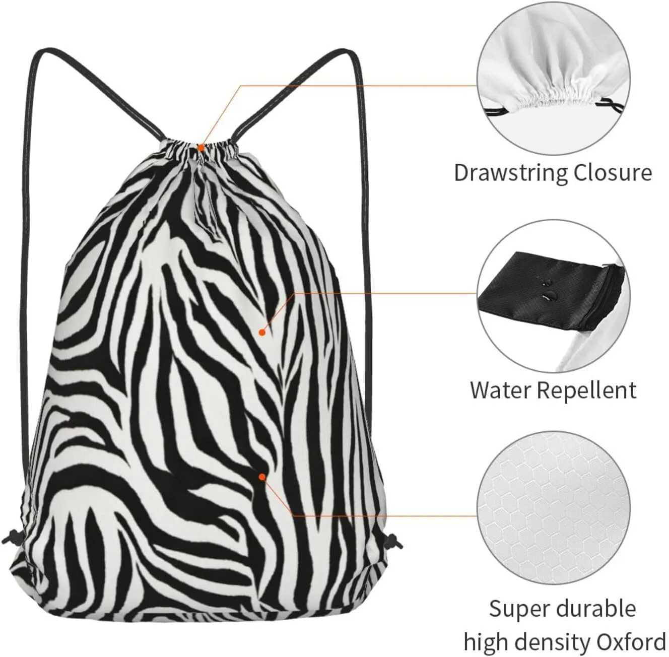 Zebra Print Drawstring Cinch Backpack Polyester Sack Pack String Bag For Hiking Camping Adventure