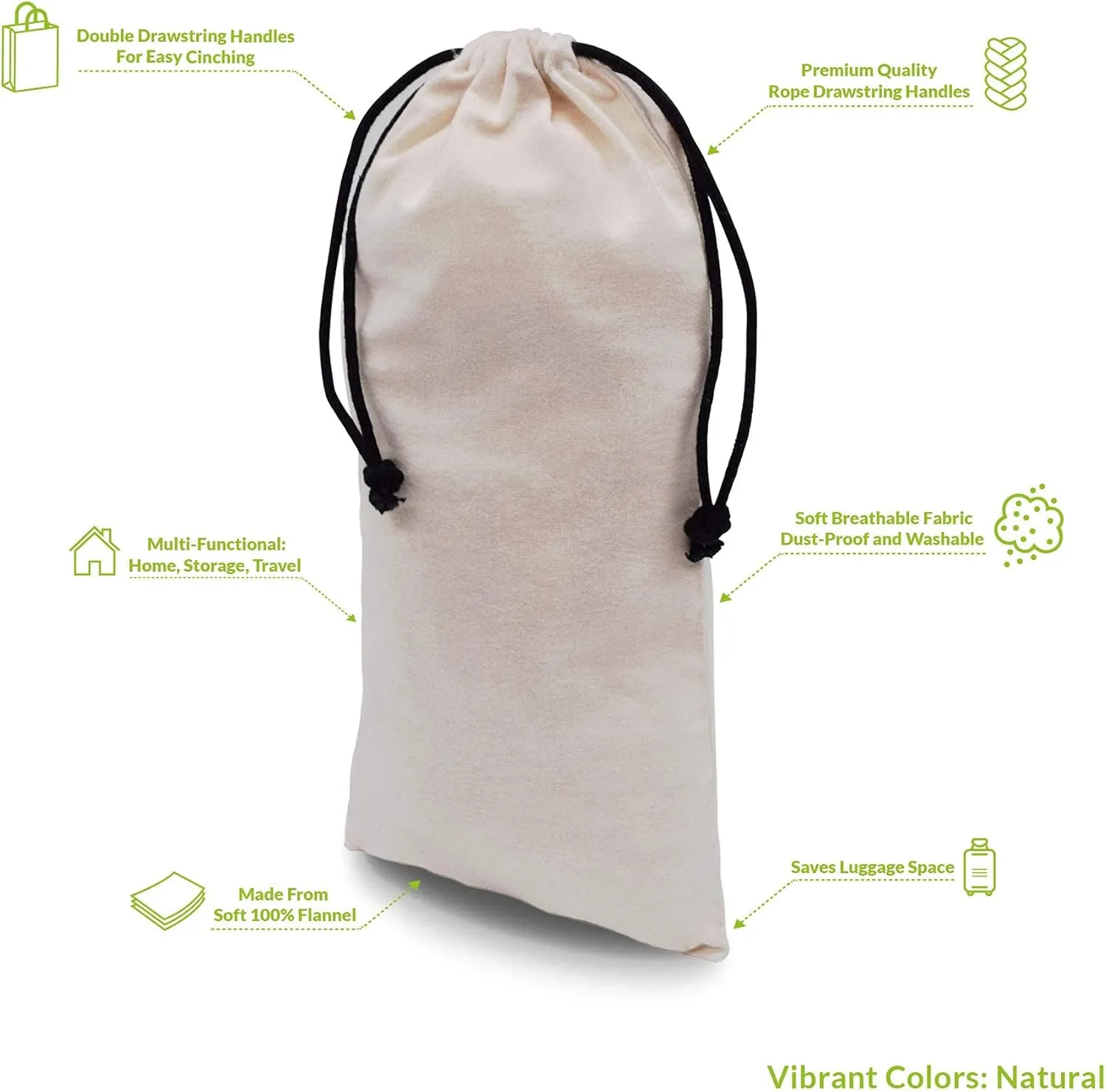 ZENPAC Cloth Shoe Bags for Travel, Beige Duster Flannel Pouch with Drawstring Closure, Washable Breathable Cotton Fabric for Luggage, 8x17 4 Pack
